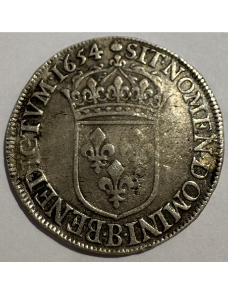 1/2 Écu Argent – Louis XIV à la mèche longue – 1654 B Rouen – TB