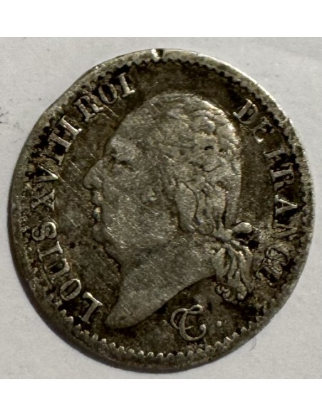 1/4 de franc Argent – Louis XVIII Buste nu – 1823 M Toulouse – Rare – TTB