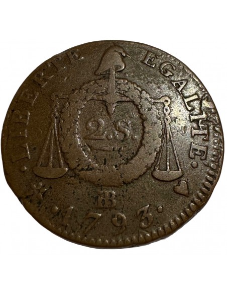 2 Sols Métal Cloche – Louis XVI – Constitution 1792 – Lille W – TTB/SUP