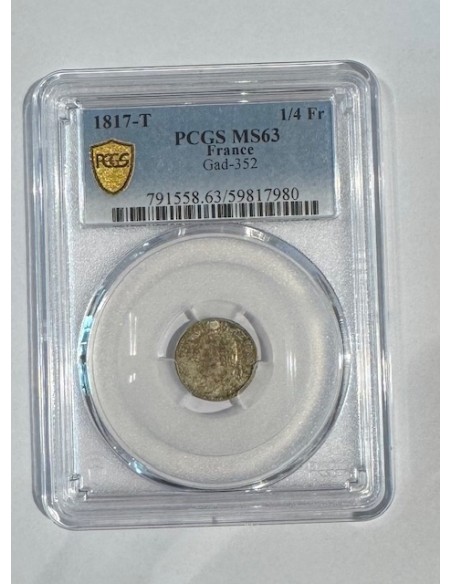 1/4 Franc Argent Louis XVIII Buste Nu – 1817 T Nantes – SPL – Très Rare