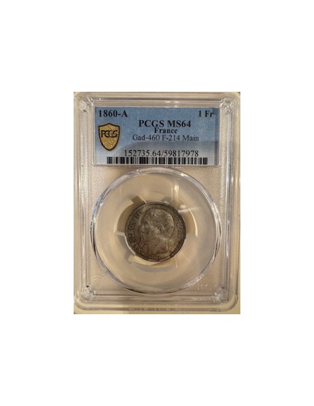 1 Franc Argent – Napoléon III Tête Nue – 1860 A Paris – PCGS
