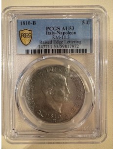 5 Lire Argent Napoléon Ier – Italie 1810-B – PCGS AU53