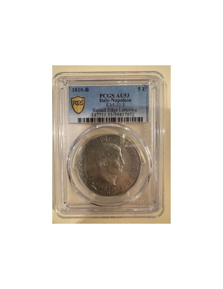 5 Lire Argent Napoléon Ier – Italie 1810-B – PCGS AU53