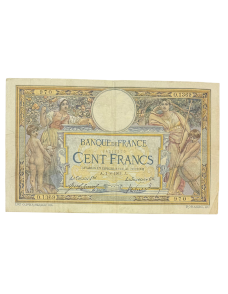 100 Francs Luc-Olivier Merson – 1911 – Sans L.O.M. – Très rare – TTB
