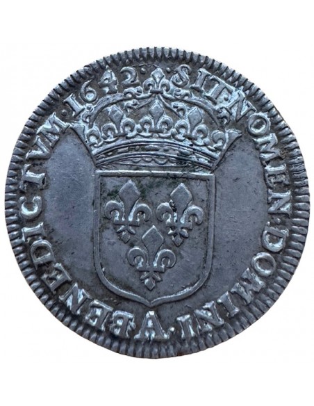 1/12 Écu en argent – Louis XIII – 2ᵉ poinçon de Warin – Buste drapé et cuirassé – 1642 A Paris – Rose – TTB/SUP
