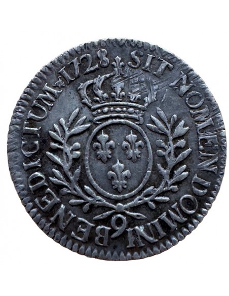 1/5 Écu en argent – Louis XV – Aux branches d’olivier – 1728 (9) RENNES  – R2 – TTB+