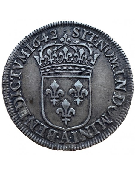¼ Écu Argent – Louis XIII – 1642 A (Deux points) – 1er poinçon de Warin – R3 – TTB+
