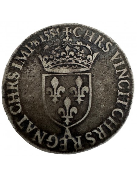 TESTON en Argent Henri II – Buste lauré 1er type – 1554 A Paris – TTB